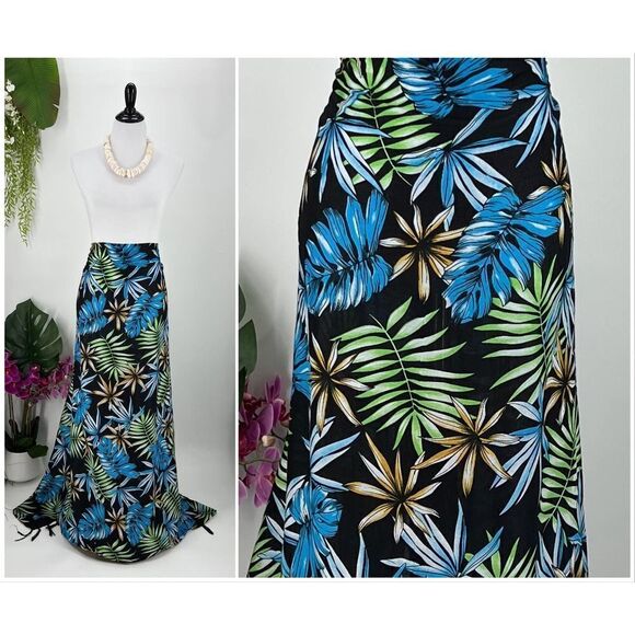 Black/Green/Blue Tropical Floral Palm MAXI SARONG Kīkepa Pareo Beach Wrap Skirt - Picture 1 of 5